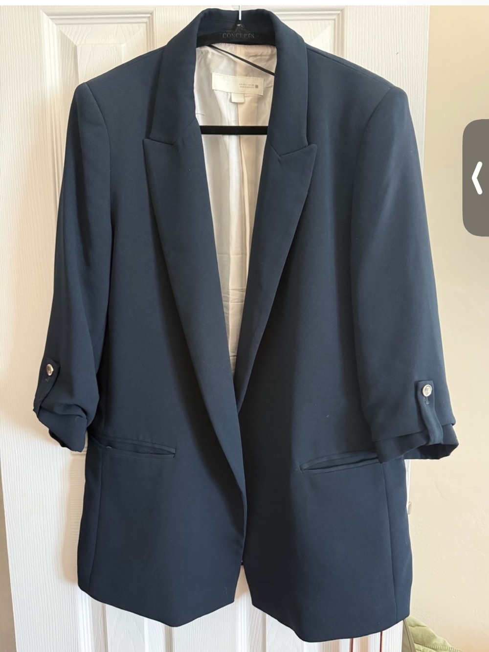 Zara Women's Navy Open Blazer with Rolled Sleeve Tabs